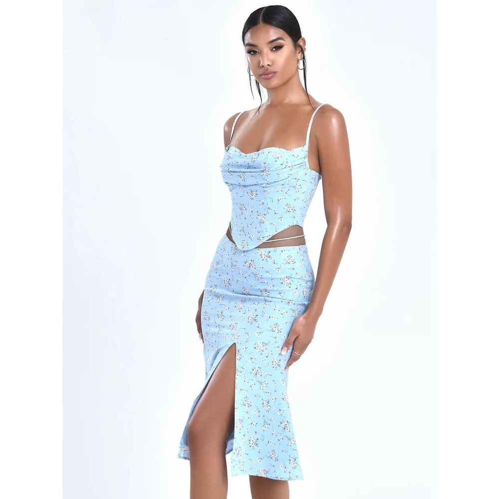 Miss Circle Nora Floral Corset Top & Mary Slit Skirt Set Blue Women's XS NWOT - Picture 4 of 7